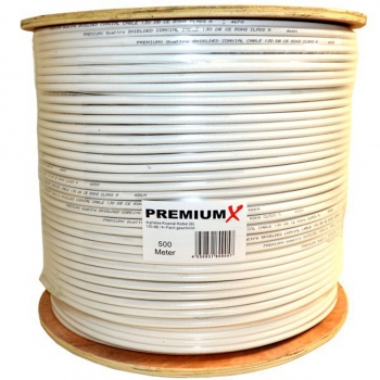 Hochwertig verarbeitetes PremiumX Basic Koaxialkabel 135 dB für digitale SAT-Anlagen. Das Koaxialkabel ist 4-fach abgeschirmt, hat ein Schirmungsmaß von 135 dB